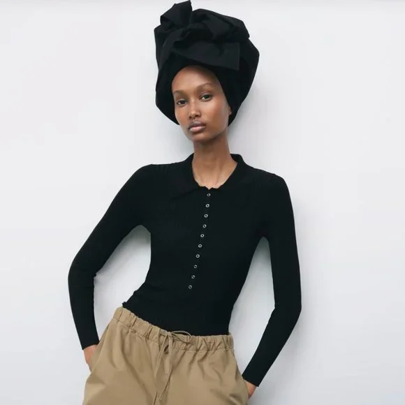 Zara Tops Zara Ribbed Knit Polo Collar Black Long Sleeve Snaps